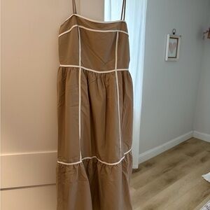 New TCEC Camel Tiered Spaghetti Strap Maxi/Midi Dress with White Piping